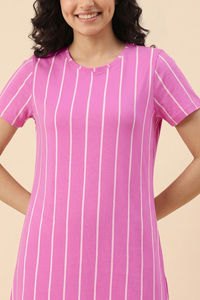 Zivame Thin Stripes Knit Cotton Knee Length Nightdress - Spring Crocus — thumbnail 4